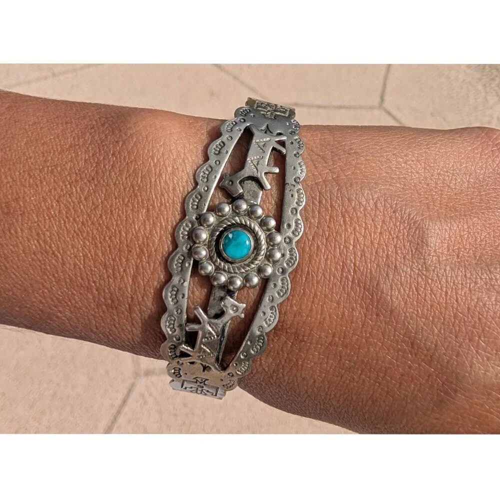 VTG Navajo Nickel Silver & Turquoise Cuff Bracelet Stamped Horses 15.8g Native A